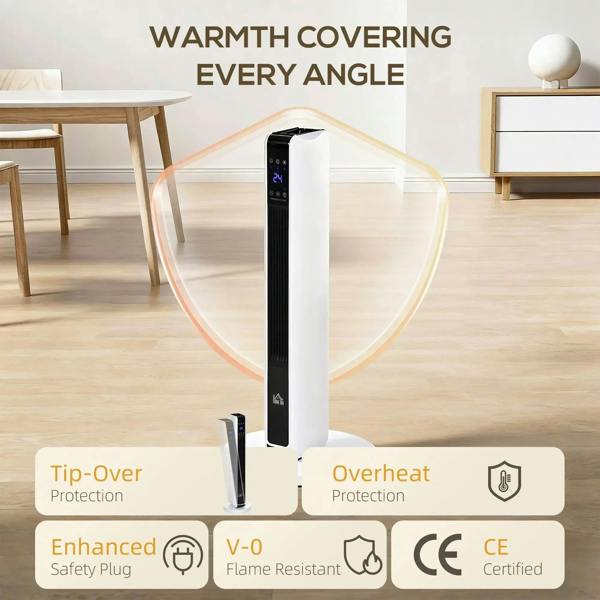White space heater with tip-over and overheat protection icons