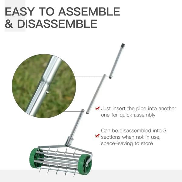 Green lawn aerator with adjustable metal handle and detachable sections for storage