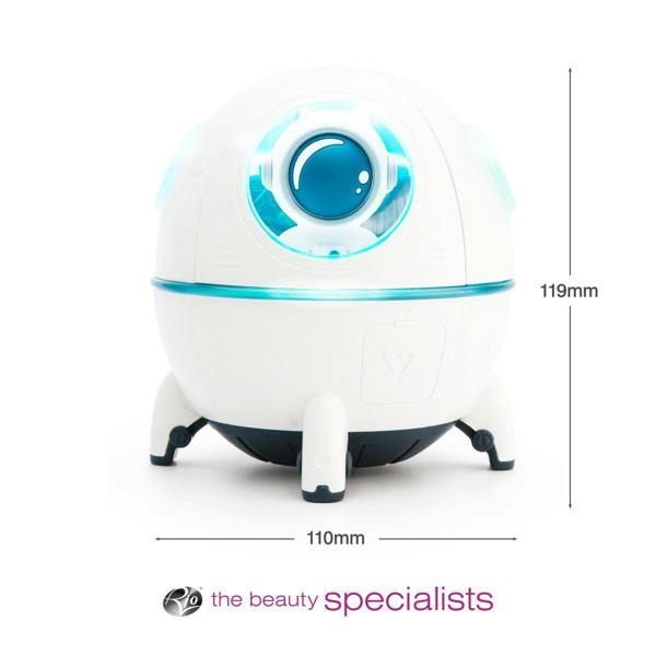 A white, spherical Rio Spaceship Explorer Childs Essential Oil Diffuser, Humidifier and Night Light (119mm high x 110mm wide) with blue lights is shown on a white background. The Beauty Specialists logo is below the image.