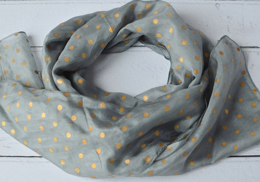 Antonia York Tiffany | Silk Neck Scarf - Grey & Gold Foil Polka Dot