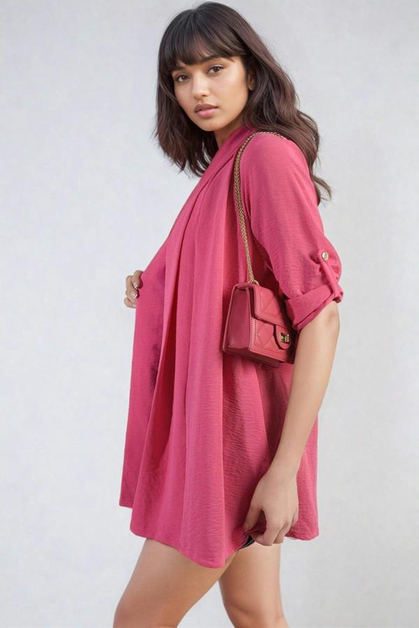 Vivian Open Front Roll Up Sleeve Cardigan - Fuschia