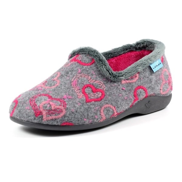 Lunar Womens Jolly Grey Heart Slippers - Grey/Pink