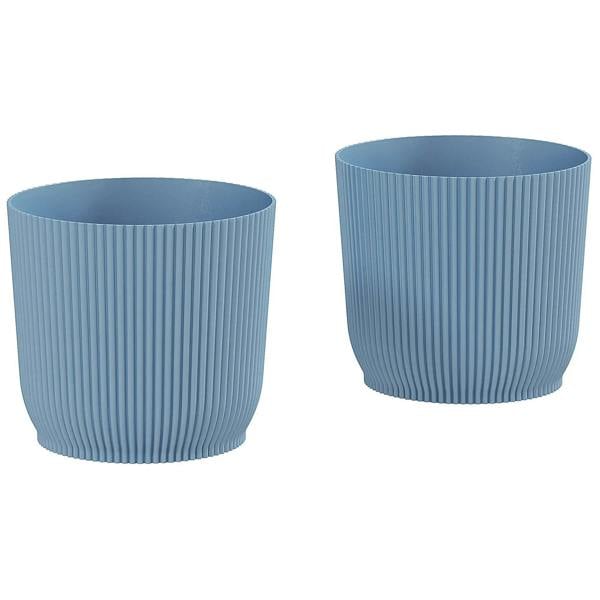 Set of two blue ribbed ceramic planters, round pots with vertical fluting