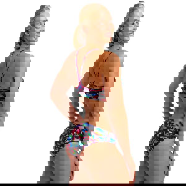 Funkita Lost Leaf racerback sports top in black/multi with tropical bikini set