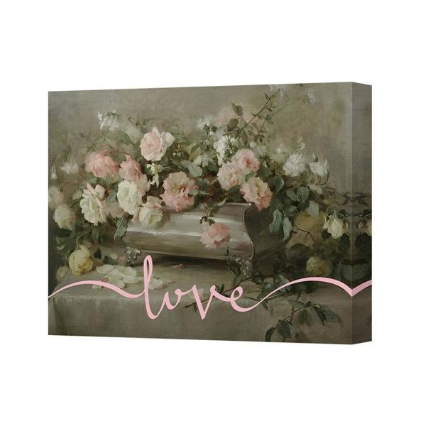 Benjamin Tate Design Floral Canvas Wall Art Print With Pink Love Script Handmade In UK