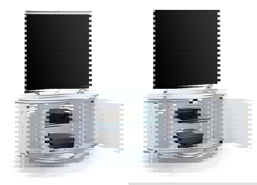 MDA Designs LUNA Gloss White Oval Cabinet with White Profiles White BeamThru Glass Doors Suitable for Flat Screen TVs up to 50"