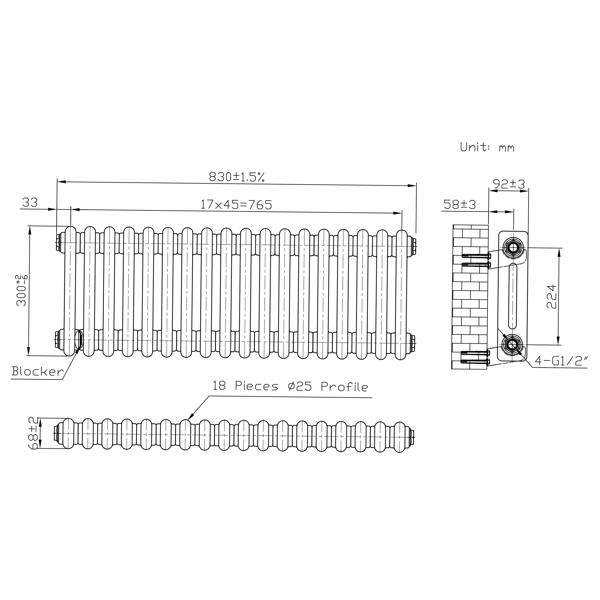 Monstershop Traditional 2 Column Radiator - 300 x 830mm - Raw Metal