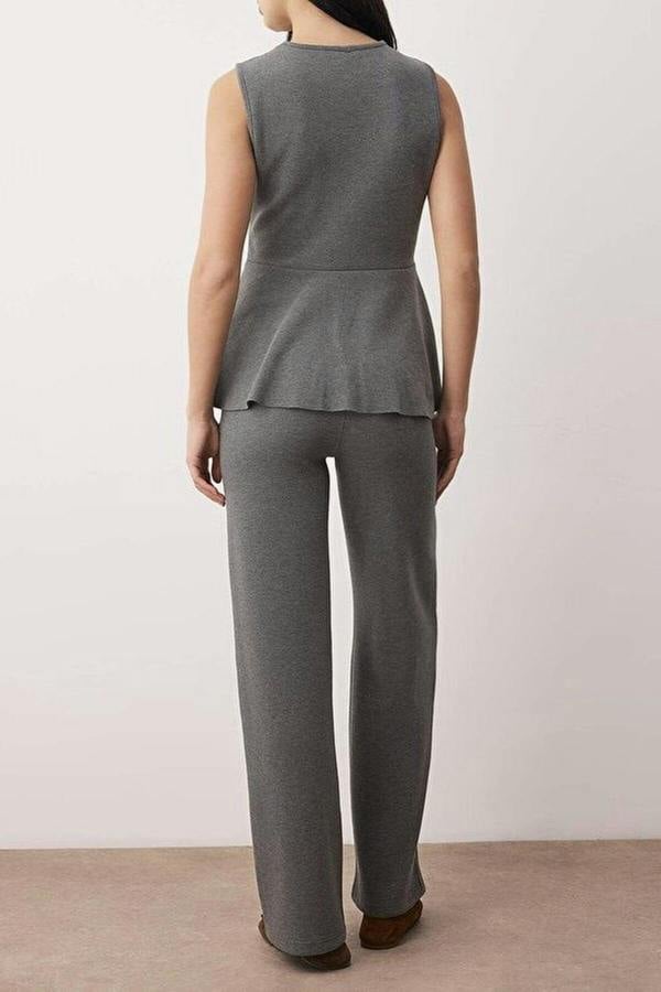 WOVCOR 2-Piece Buttoned Knitted Palazzo Bottom - Peplum Top Set