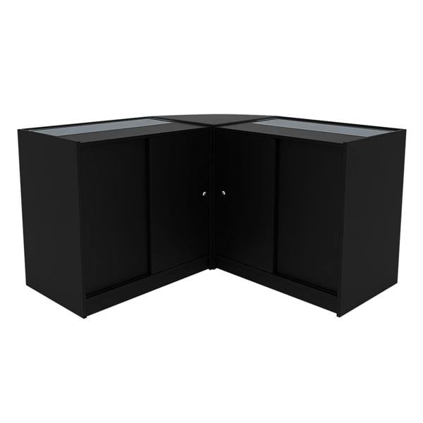 Black Calliope LED shop counter set featuring sleek glass display tops and a modern corner design, ideal for retail spaces