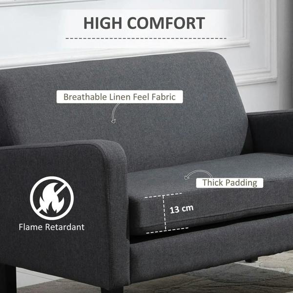Charcoal grey loveseat with thick padded arm and seat cushions