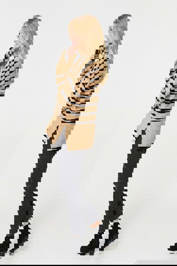 Beige | Striped Flare Sleeve Roll Neck Jumper
