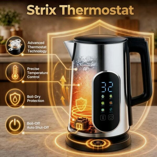 Kettle and Toaster Set with LED Touch Screen, Kettle with Strix Thermostat, 2 Slice Toaster w/ 6 Browning Levels, Silver