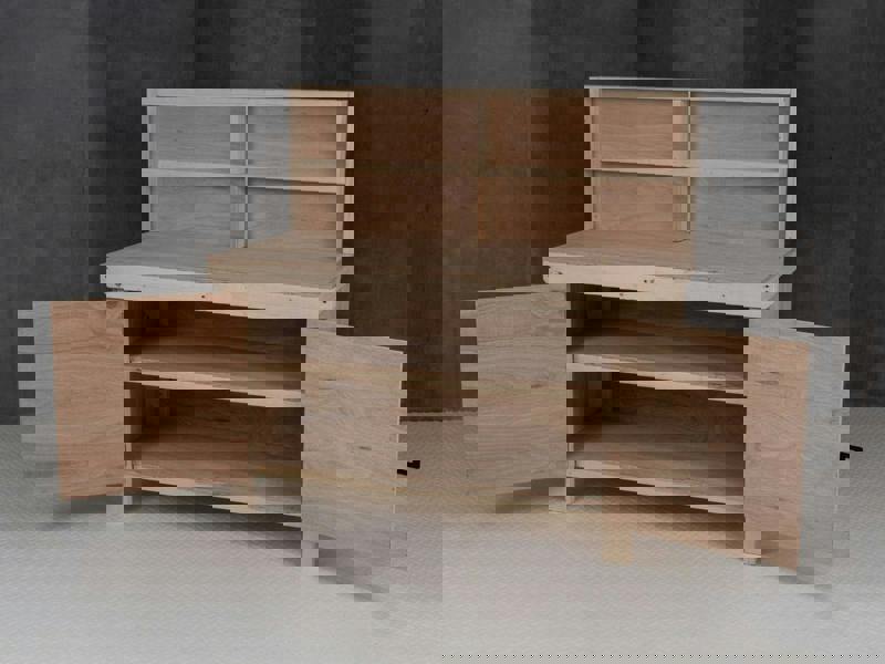 Arbor Garden Solutions Wooden Eucalyptus hardwood top workbench with lockable cupboard (V.9) with back panel and double shelf