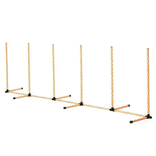 Dog agility weave poles set with orange and white striped poles and black weighted feet