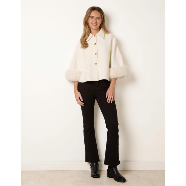 Blue Vanilla Cape Coat With Gold Button And Faux Fur Trim