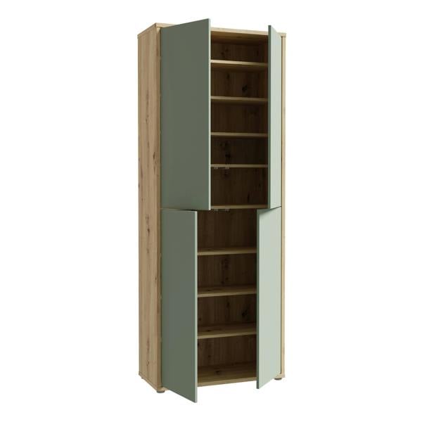 Furniture To Go Alice Springs Shoe Cabinet with 4 Doors Push-to-Open in Artisan Oak and Sage Green Doors