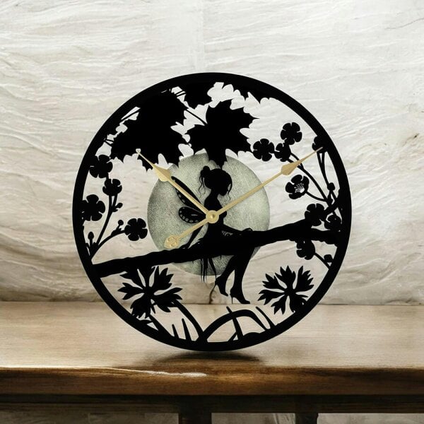 EDH Door Hardware Fairy in Forest Silhouette Wall Clock – Large Metal Decorative Indoor & Outdoor Clock for Garden, Living Room and Patio
