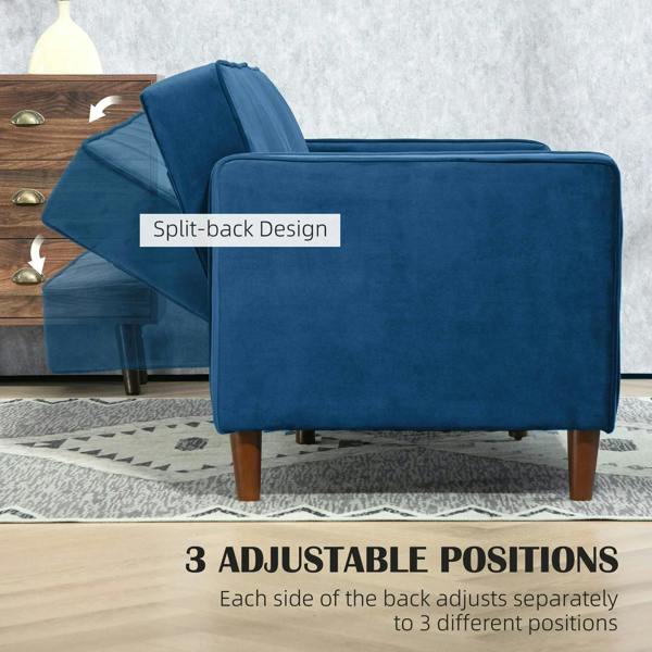 Blue velvet-feel three-seater sofa bed with raised split back panels and plush cushions