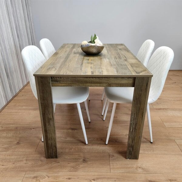 Kosy Koala Wooden Dining Table with 4 white Gem Patterned Chairs Rustic Effect Table with white Chairs