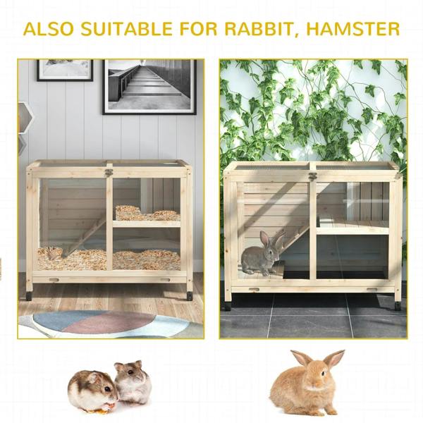Indoor wooden two-level hutch with open front and ramp, with a bunny inside