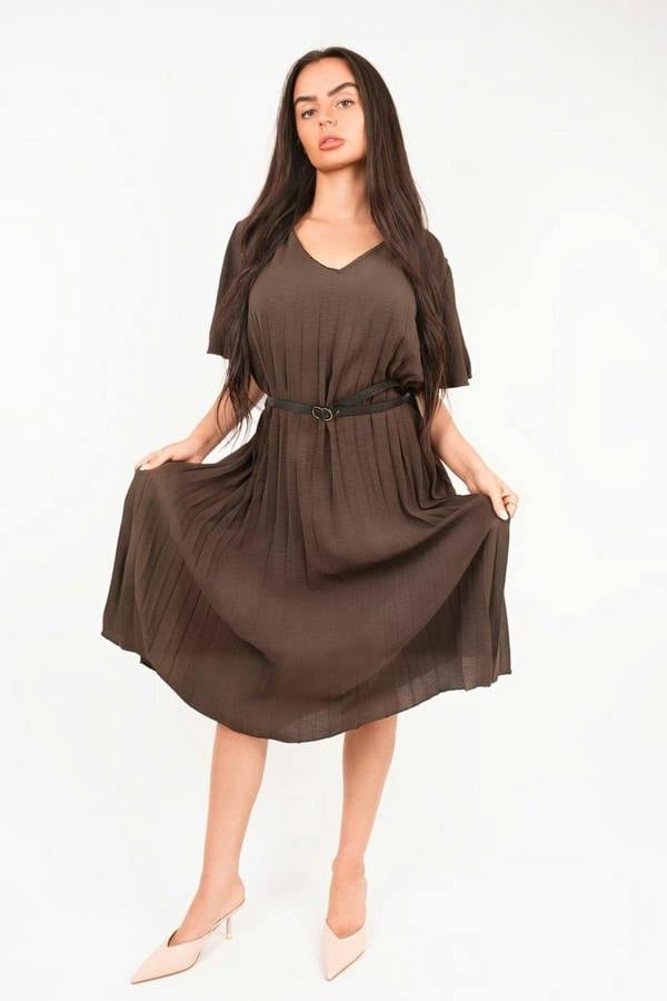 Elidi Short Sleeve Pleated Midi Dress With Waist Belt - Choc Brown