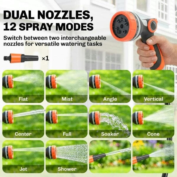 Bobobiy 25m Retractable Hose Reel Wall Mounted with Auto Retraction, Self-Locking, Slow Return System, 12-Pattern Nozzles