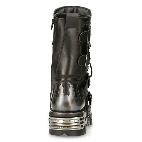 New Rock Flame Accented Black/Silver Leather Biker Boots- 107-S2
