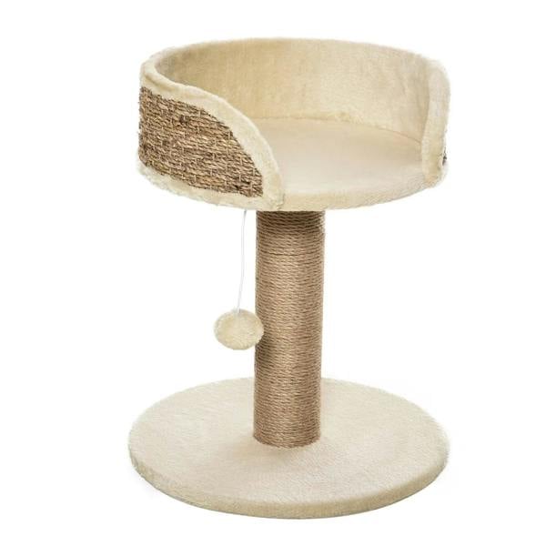 Beige cat scratching post with round base, plush top perch, and dangling ball