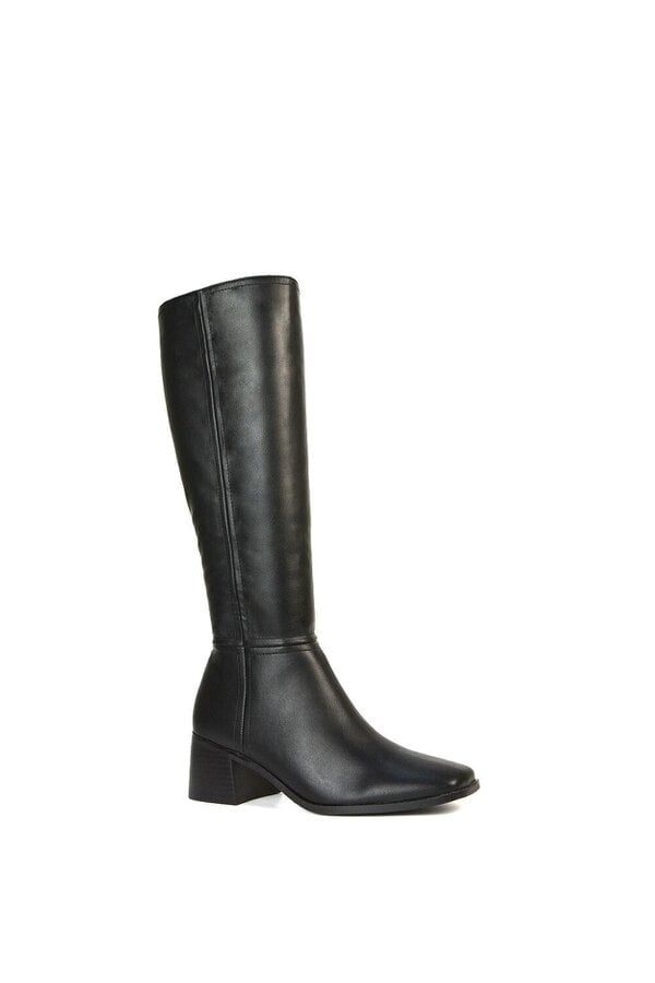 XY LONDON Square Toe Zip Up Knee High Calf Boots With Low Heel