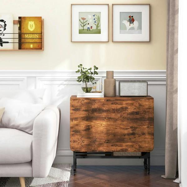 Rustic brown storage table with cabinet front and black caster legs