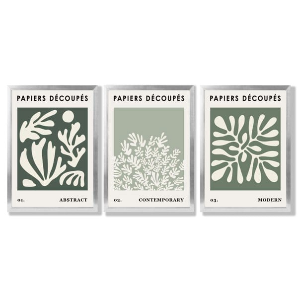 Matisse Floral Set of 3 in Green and Sage Framed Art Prints with Silver Wood Frames
