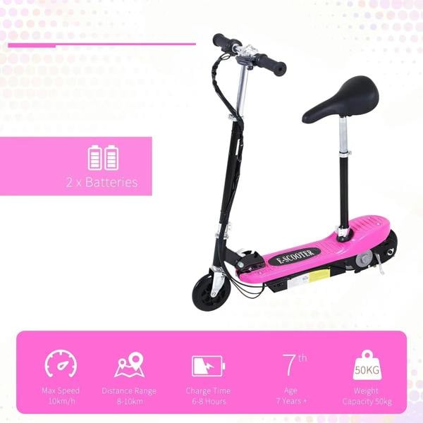 Pink foldable electric kids scooter with black stem and front wheel, side view