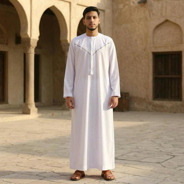 HM10 - Men's Emirati Omani Zipped Embroidery Thobe - White - Thobez - 2