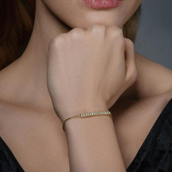 Gold Crystal Bar Bracelet with Adjustable Bead Fastening. - namana.london