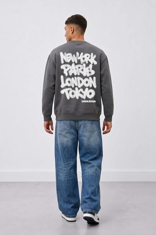 London Attitude Oversized Heavyweight City Graffiti Sweatshirt - Steel Grey