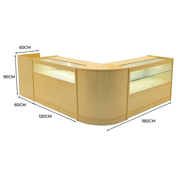 Gravity LED Shop Counter Set in maple finish, featuring a sleek L-shape design with glass display areas and LED lighting, dimensions 180cm x 120cm x 90cm