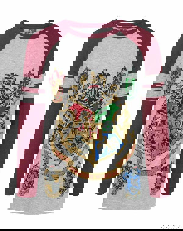 Harry Potter Girls Grey Hogwarts Crest Raglan Short Sleeved T-Shirt