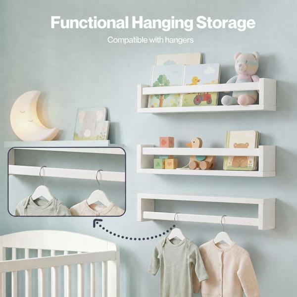 Levede Nursery Book Shelves Kids Wall Floating Shelf White Solid Wood 3 Pack