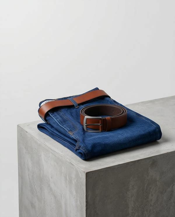 Folded blue jeans with a brown belt on a concrete surface