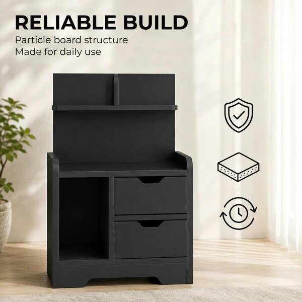 Bedside Table, Small Bedside Cabinet with 2 Drawers and Storage Shelves for Bedroom, Black Wood Effect