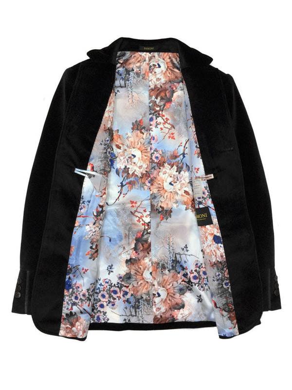 Black Velvet Jacket with Spring Floral lining - Pamoni