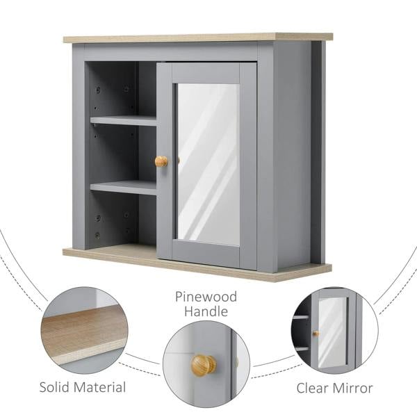 Grey wall mirror cabinet with solid wood-look frame, pine handle, and clear mirror door