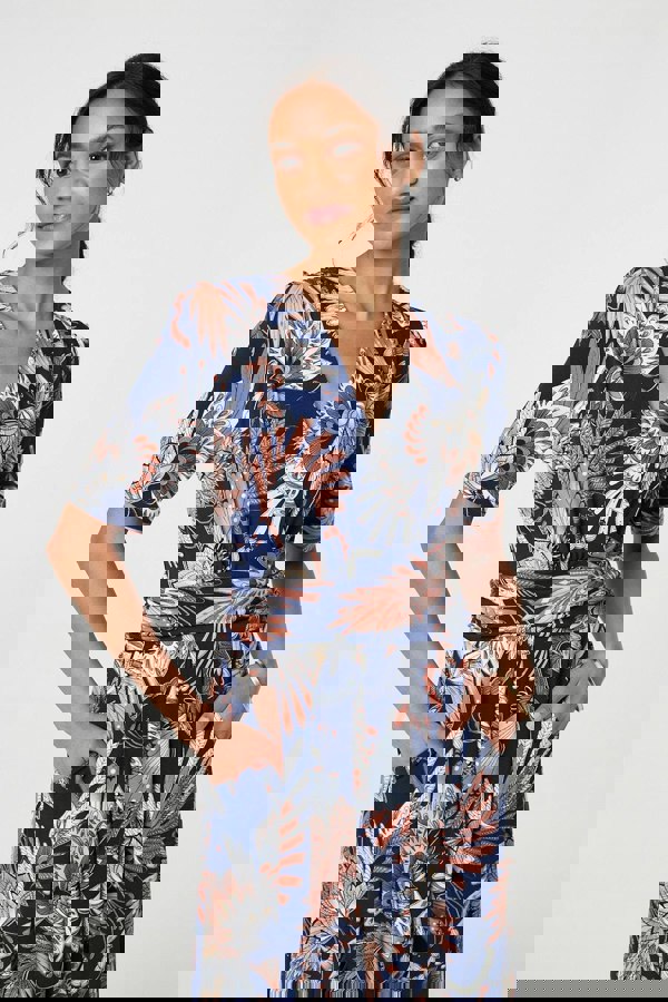 Navy | Tropical Print 1/2 Sleeve Midi Wrap Dress