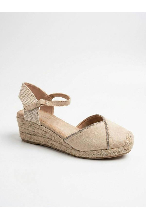 Tula Rhinestone Trim Espadrille Wedges - Beige