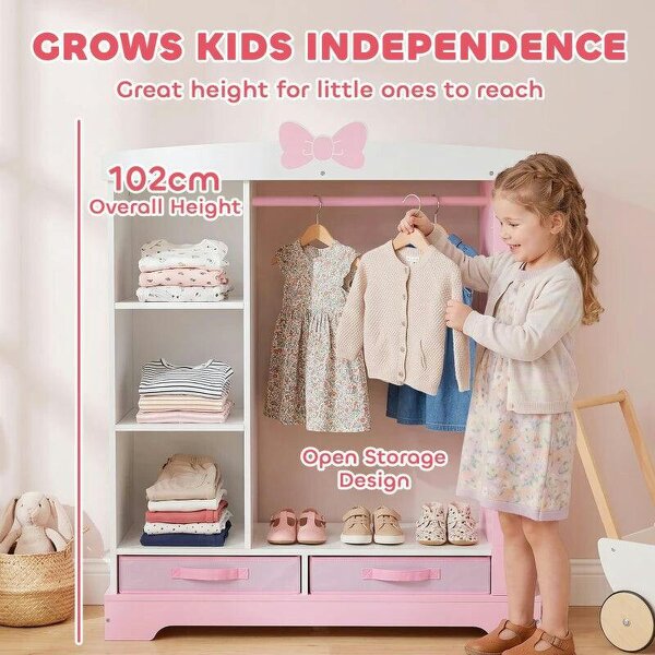 Kids Wardrobe with Lighted Mirror, Clothes Rail, Jewelry Cabinet, Shelves, Storage Boxes for Bedroom, Nursery, Pink