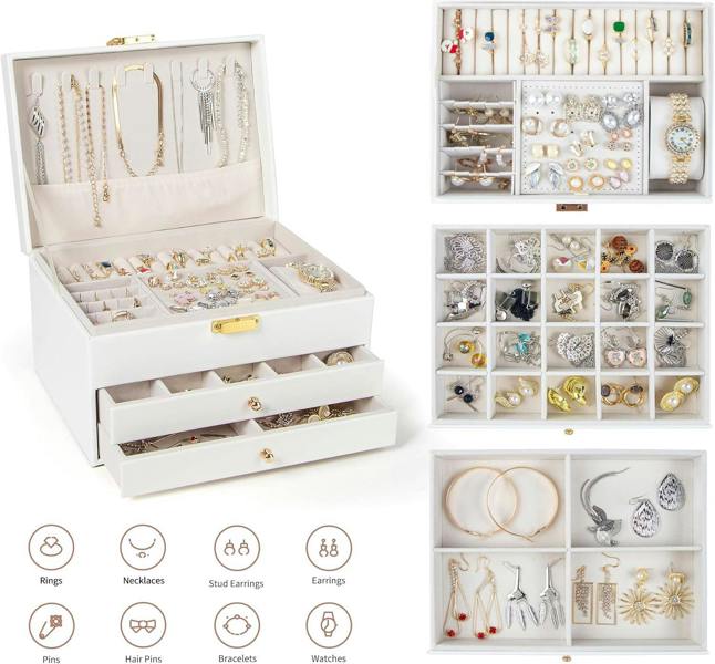 Dyzi 3 Layer PU Leather Jewellery Box Organiser with Drawers White