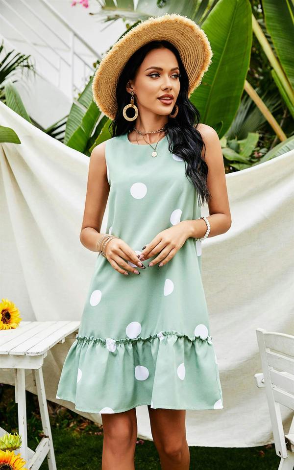FS Collection White Polka Print Frill Mini Dress In Mint Green