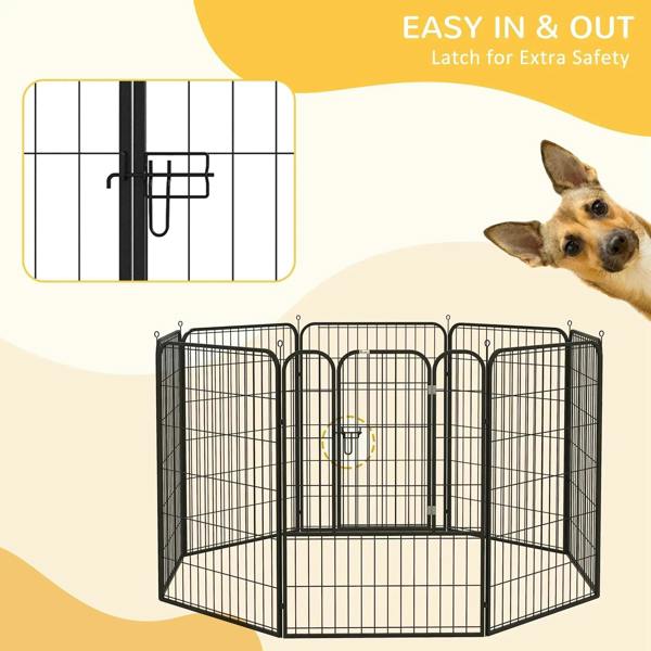 Black metal puppy playpen with side door and latch for secure entry.