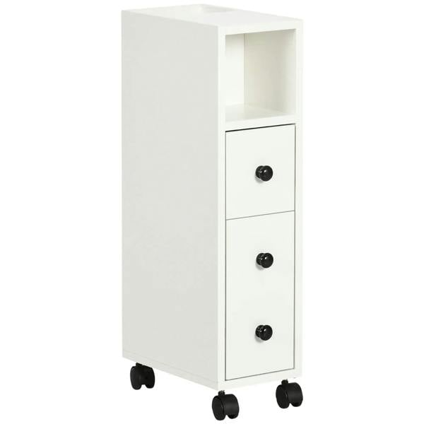 White slim bathroom storage cabinet with open shelf, three drawers, and caster wheels