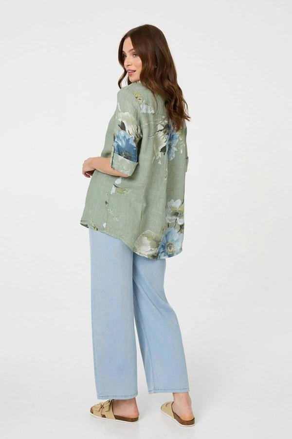 Sage | Floral Relaxed Turn-Up Sleeve Blouse
